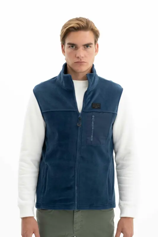 Ar-ma Erkek Yelek Baskisiz Yandan Cepli Tam Fermuar Yelek Örme Kumaş Regular Fit %100 Polyester Soft - İndigo-İ1 - ARMA