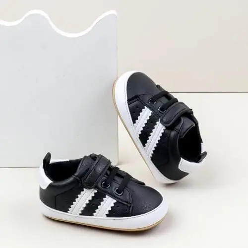 Baby Boys Girls Leather PRE-Walking Sneakers Toddler Anti-Slip Rubber Sole Infant Lightweight First Step Shoes - 4