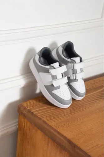 Erkek - Kız - Çocuk Bebek Unisex Air Cırtlı Okul Ayakkabısı Sneaker Spor Ayakkabı - Beyaz - Gri - ALBISHOES (1)