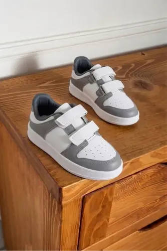 Erkek - Kız - Çocuk Bebek Unisex Air Cırtlı Okul Ayakkabısı Sneaker Spor Ayakkabı - Beyaz - Gri - 1