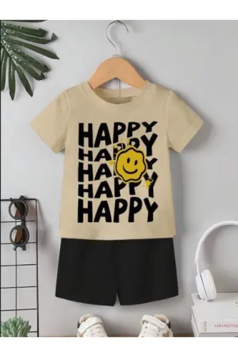 Erkek-Kız Çocuk Bej-Siyah HAPPY Baskılı Şort Tişört Takım-Bej 