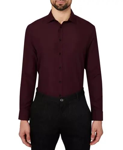 Men's Regular Fit Solid Wrinkle Free Performance Dress Shirt - Burgundy - CALABRUM (1)