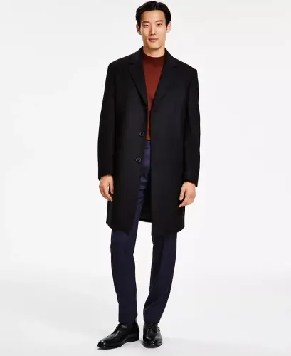 Men's Classic Fit Luxury Wool CasModazoneere Blend Overcoats - Black 