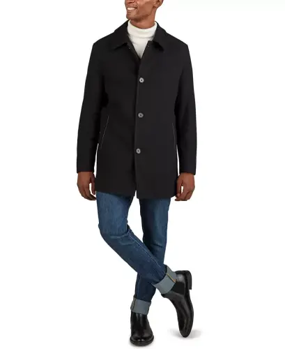 Men's Classic-Fit Car Coat with Faux-Leather Trim - Black - 1