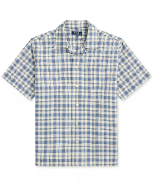 Men's Classic-Fit Plaid Oxford Camp Workshirt-Blue/cream - 5