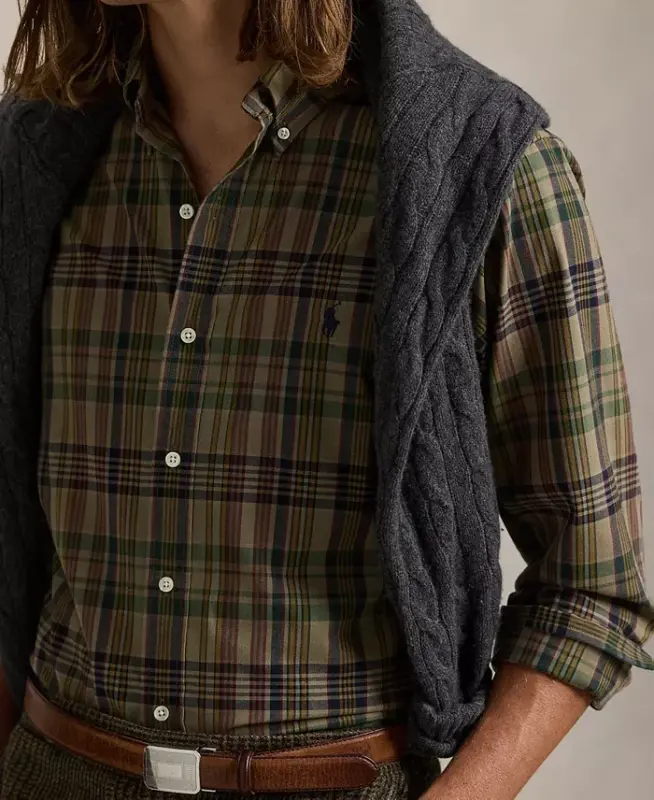 Men's Classic-Fit Plaid Performance Shirt - Khaki/Navy Multi - 3