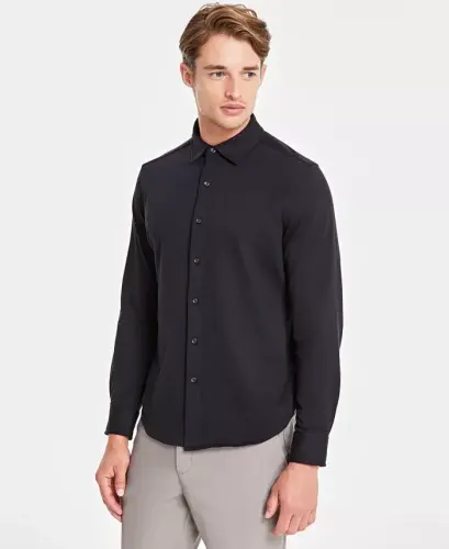 Men's Classic-Fit Heathered Jersey-Knit Button-Down Shirt, Created for Modazone -Deep Black 