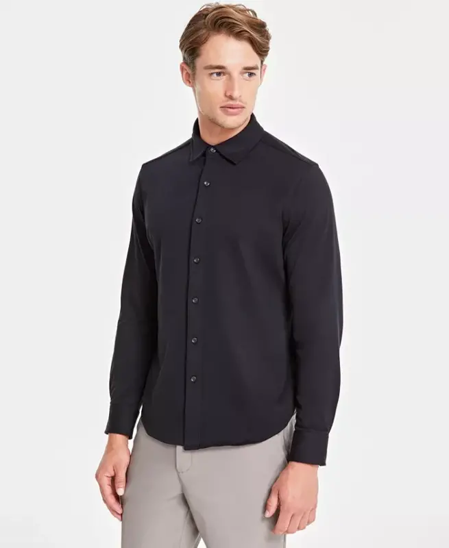 Men's Classic-Fit Heathered Jersey-Knit Button-Down Shirt, Created for Modazone -Deep Black - ALFANI