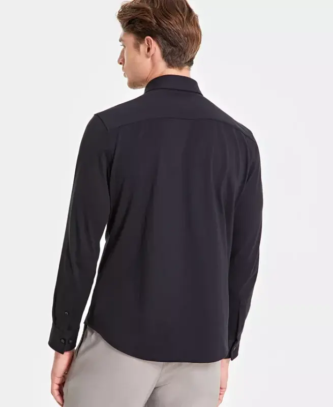 Men's Classic-Fit Heathered Jersey-Knit Button-Down Shirt, Created for Modazone -Deep Black - 2