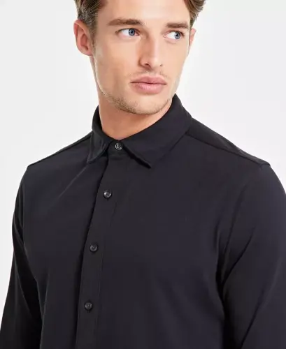 Men's Classic-Fit Heathered Jersey-Knit Button-Down Shirt, Created for Modazone -Deep Black - 3
