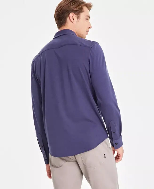 Men's Classic-Fit Heathered Jersey-Knit Button-Down Shirt, Created for Modazone - Neo Navy - 2