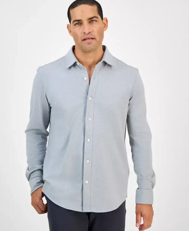 Men's Classic-Fit Heathered Jersey-Knit Button-Down Shirt, Created for Modazone -Casual Grey Heather - ALFANI