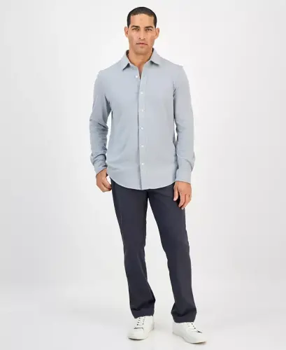 Men's Classic-Fit Heathered Jersey-Knit Button-Down Shirt, Created for Modazone - Casual Grey Heather - 2