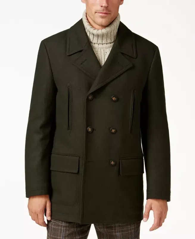 Men's Classic Fit Double-Breasted Wool Blend Peacoats - Olive - 1
