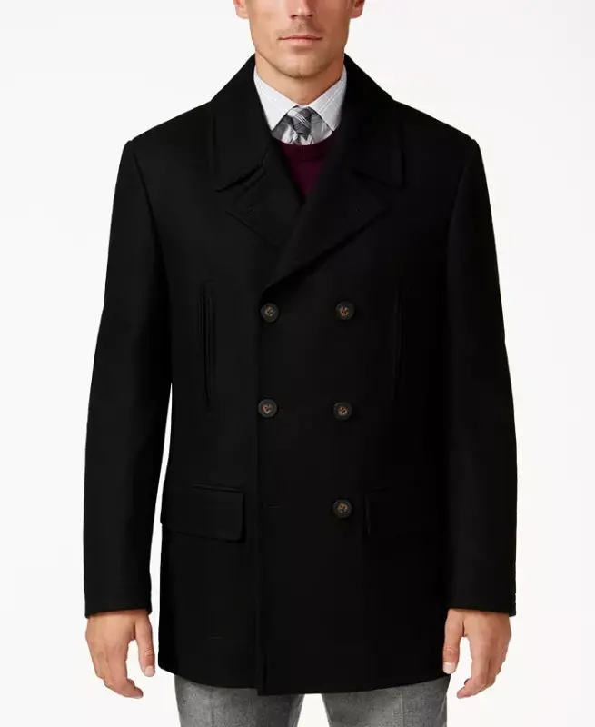 Men's Classic Fit Double-Breasted Wool Blend Peacoats-Black - MICHAEL KORS
