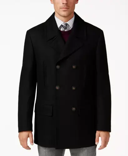 Men's Classic Fit Double-Breasted Wool Blend Peacoats - Black - 1