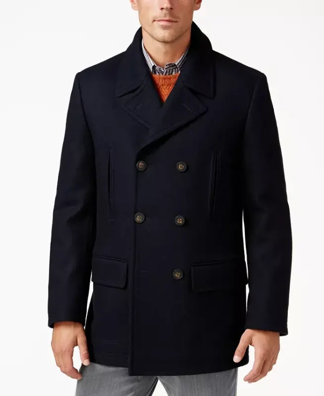 Men's Classic Fit Double-Breasted Wool Blend Peacoats - Dark Navy - 1