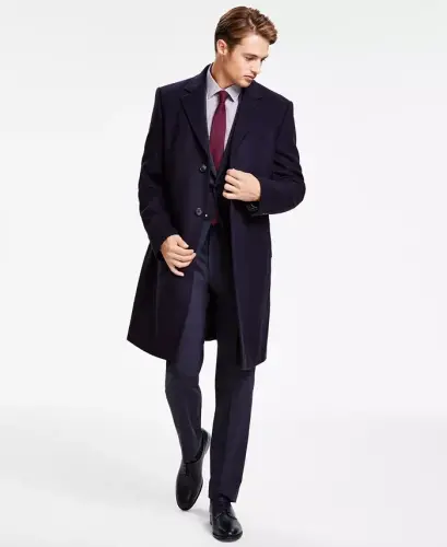 Men's Classic Fit Luxury Wool CasModazoneere Blend Overcoats - Navy - 1