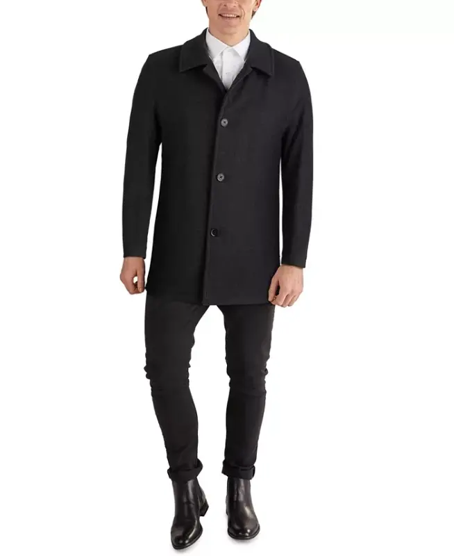 Men's Classic-Fit Car Coat with Faux-Leather Trim - Charcoal - COLE HAAN
