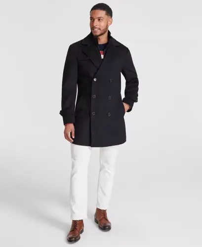 Men's Classic-Fit Wool Blend Solid Overcoat - Black 