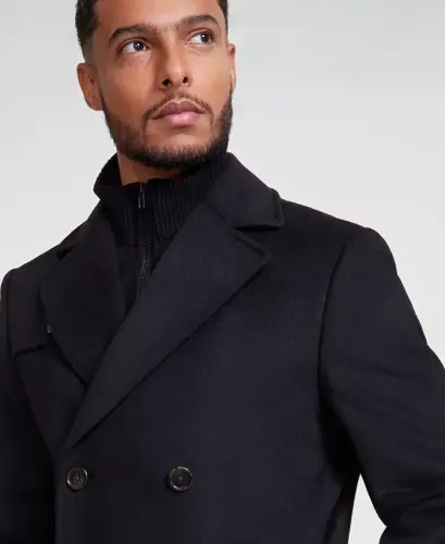 Men's Classic-Fit Wool Blend Solid Overcoat - Black - 4
