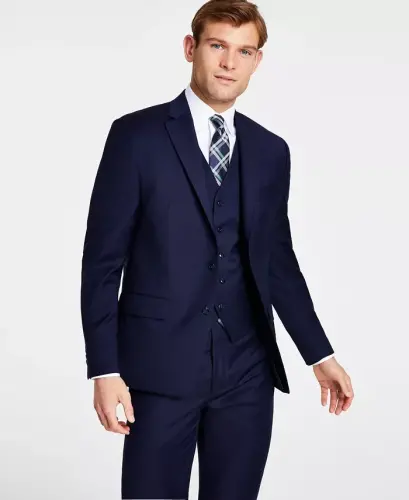 Men's Classic-Fit Wool-Blend Stretch Solid Suit Jacket - Navy 