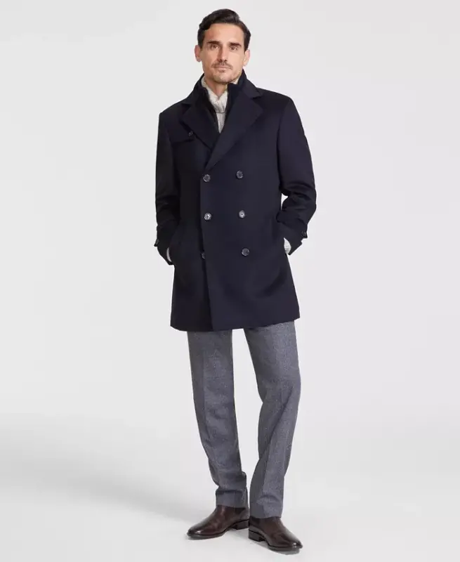 Men's Classic-Fit Wool Blend Solid Overcoat - Navy - 1