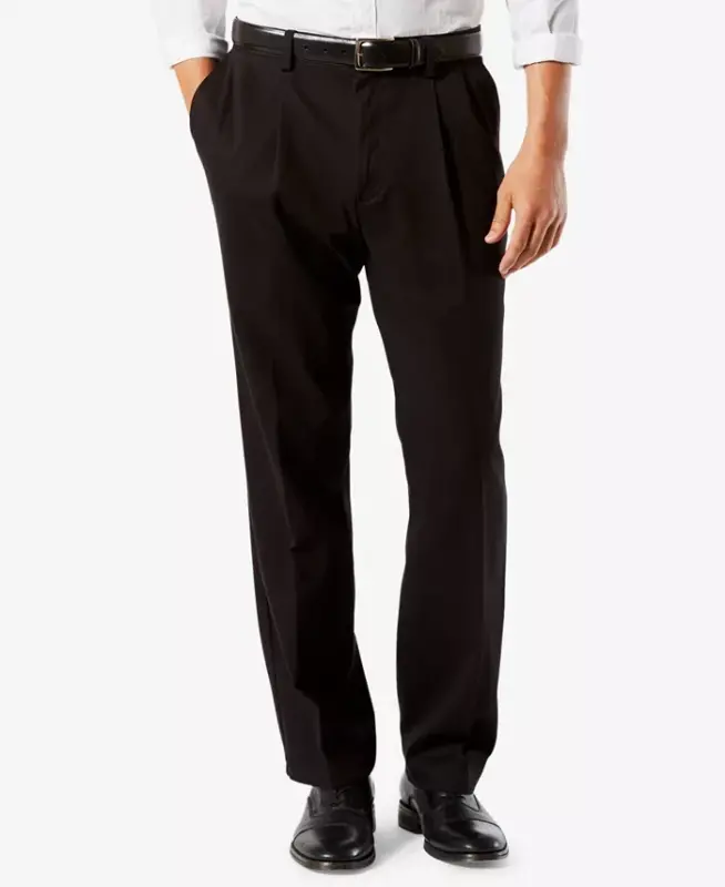 Men's Easy Classic Pleated Fit Khaki Stretch Pants - Black - 1