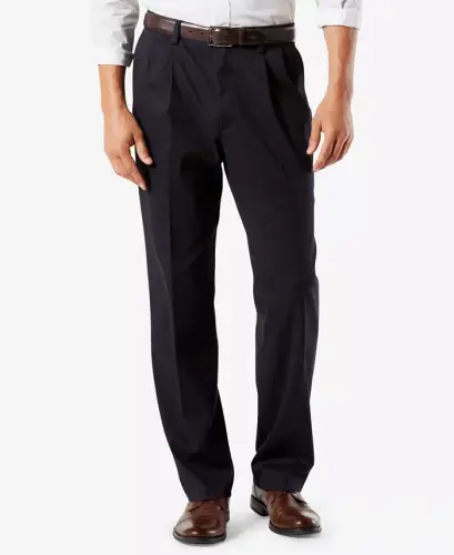 Men's Easy Classic Pleated Fit Khaki Stretch Pants-Dockers Navy 
