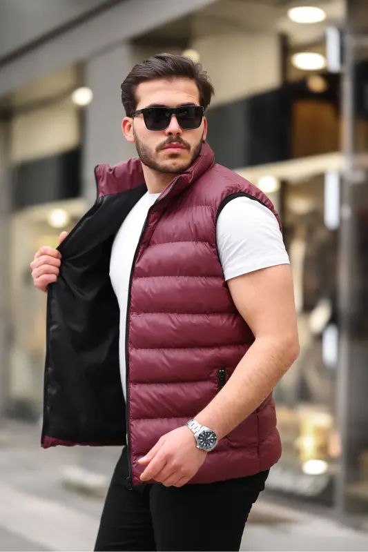 Erkek Kolsuz Fermuarlı Cepli Basic Bordo Şişme Yelek - BORDO - 2