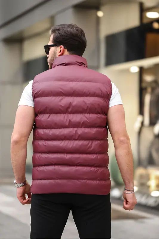 Erkek Kolsuz Fermuarlı Cepli Basic Bordo Şişme Yelek - BORDO - 4
