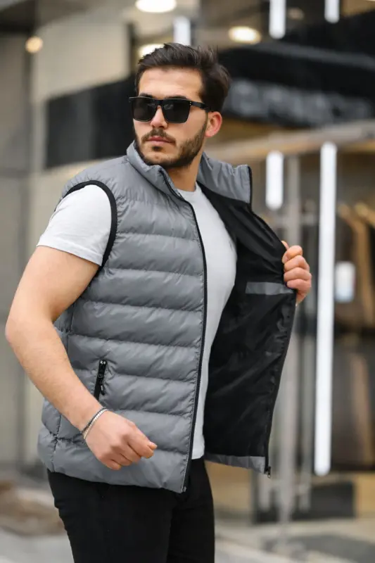 Erkek Kolsuz Fermuarlı Cepli Basic Füme Şişme Yelek-Füme - TREND YAŞAR