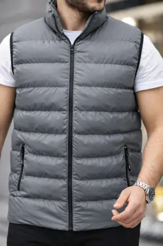 Erkek Kolsuz Fermuarlı Cepli Basic Füme Şişme Yelek-Füme - 4