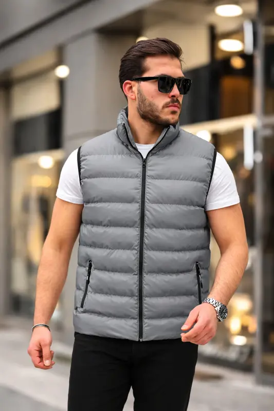Erkek Kolsuz Fermuarlı Cepli Basic Füme Şişme Yelek-Füme - 5