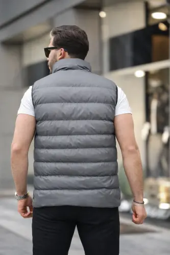 Erkek Kolsuz Fermuarlı Cepli Basic Füme Şişme Yelek-Füme - 6