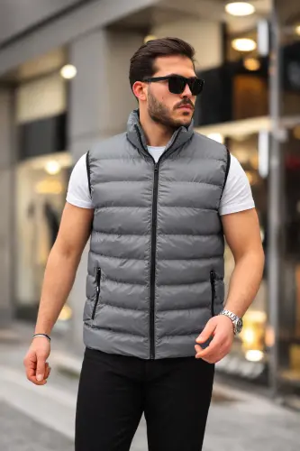 Erkek Kolsuz Fermuarlı Cepli Basic Füme Şişme Yelek - Füme - TREND YAŞAR (1)