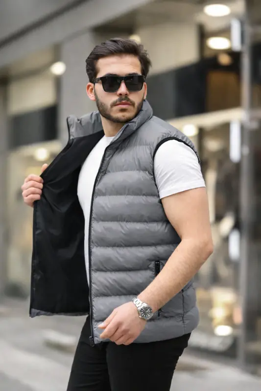 Erkek Kolsuz Fermuarlı Cepli Basic Füme Şişme Yelek - Füme - 3