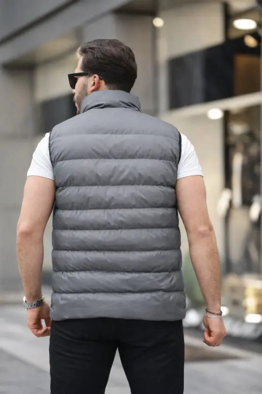 Erkek Kolsuz Fermuarlı Cepli Basic Füme Şişme Yelek - Füme - 6