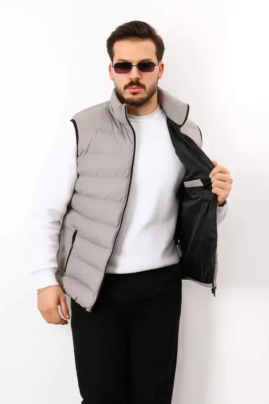 Erkek Kolsuz Fermuarlı Cepli Basic Füme Şişme Yelek-TOPRAK - 4