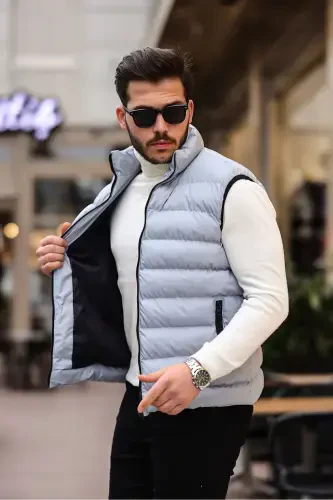 Erkek Kolsuz Fermuarlı Cepli Basic Gri Şişme Yelek-GRİ - 1