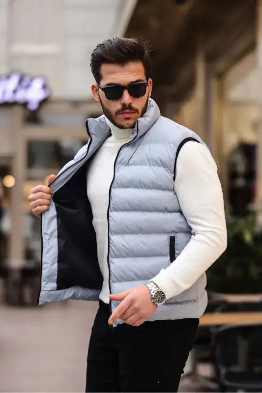 Erkek Kolsuz Fermuarlı Cepli Basic Gri Şişme Yelek-GRİ - 1