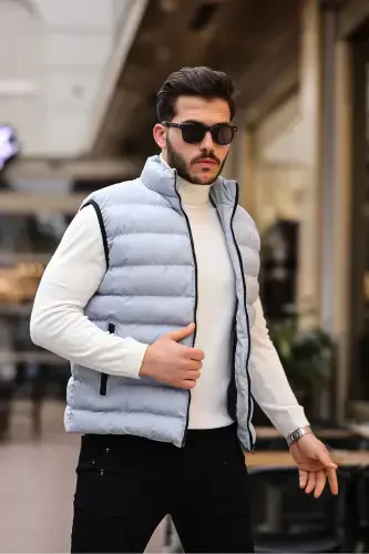 Erkek Kolsuz Fermuarlı Cepli Basic Gri Şişme Yelek-GRİ - TREND YAŞAR (1)