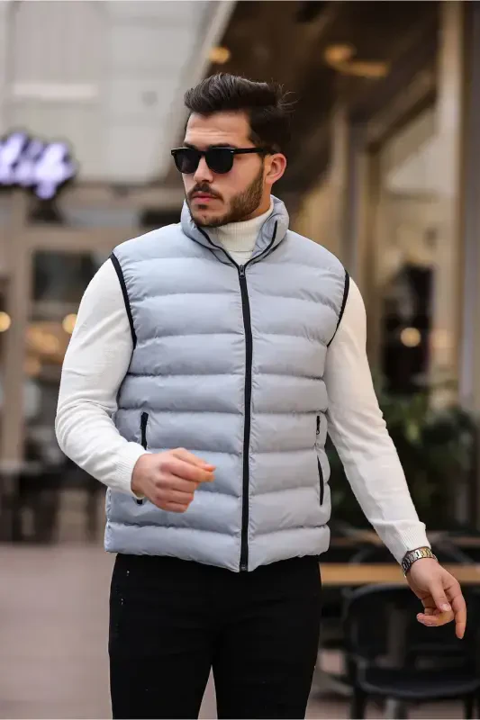 Erkek Kolsuz Fermuarlı Cepli Basic Gri Şişme Yelek-GRİ - 3