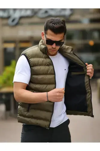 Erkek Kolsuz Fermuarlı Cepli Basic Haki Şişme Yelek-HAKİ - TREND YAŞAR (1)