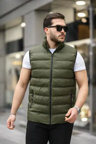Erkek Kolsuz Fermuarlı Cepli Basic Haki Şişme Yelek - HAKİ 
