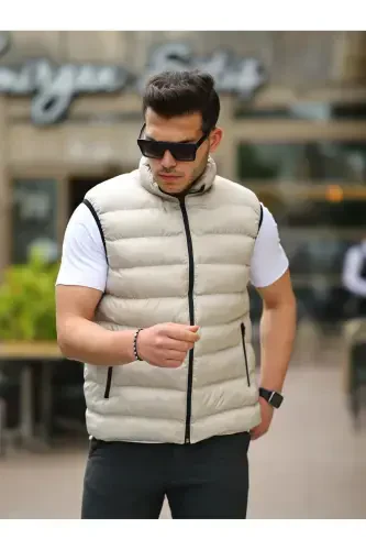 Erkek Kolsuz Fermuarlı Cepli Basic Krem Şişme Yelek-KREM - 3