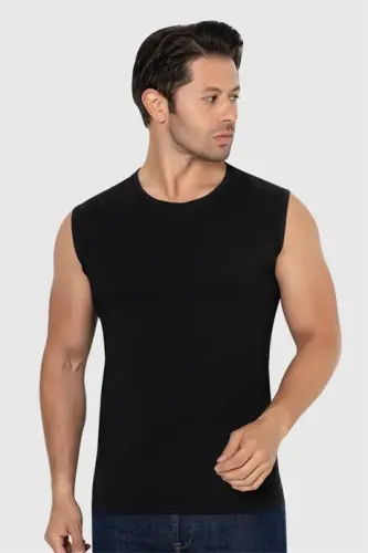 Erkek Kolsuz Tişört Sıfır Kol Atlet Beyaz Siyah Pamuklu Likralı 2'li - 2