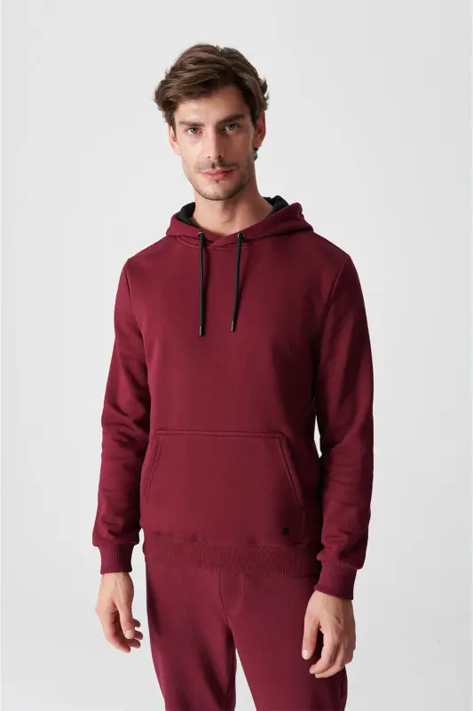 Erkek Koyu Bordo Kapüşonlu 3 İplik Şardonlu Pamuklu Sweatshirt E001018 - Koyu Bordo - AVVA