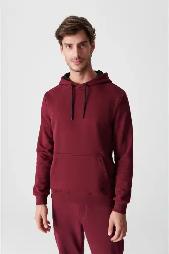 Erkek Koyu Bordo Kapüşonlu 3 İplik Şardonlu Pamuklu Sweatshirt E001018-Koyu Bordo - 1