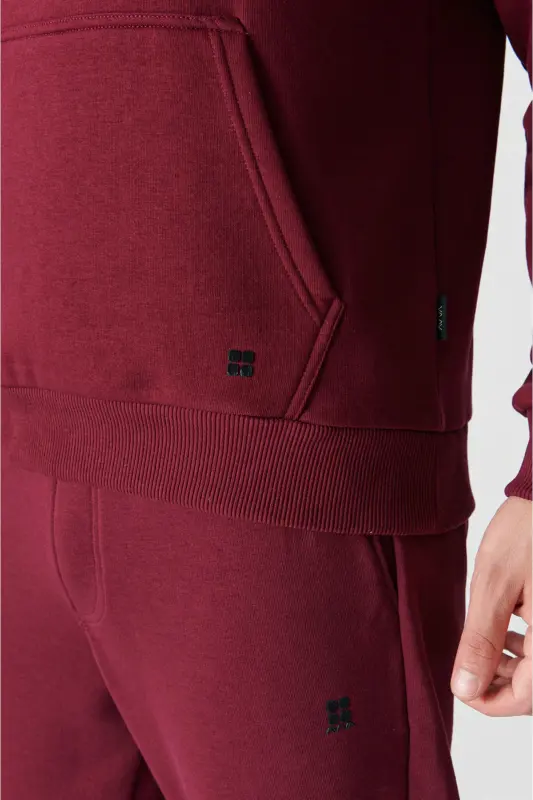 Erkek Koyu Bordo Kapüşonlu 3 İplik Şardonlu Pamuklu Sweatshirt E001018-Koyu Bordo - 2